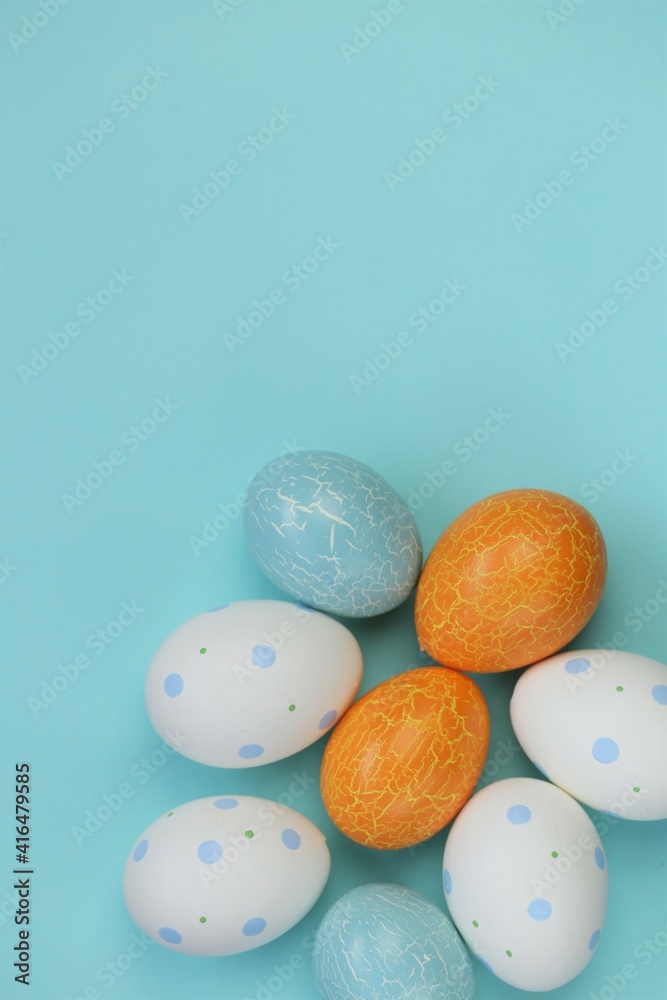 Easter.Multicolored easter eggs set on a light blue background.Spring festive easter background. copy space. Easter.Multicolored easter eggs set on a light blue background.Spring festive easter background. copy space.