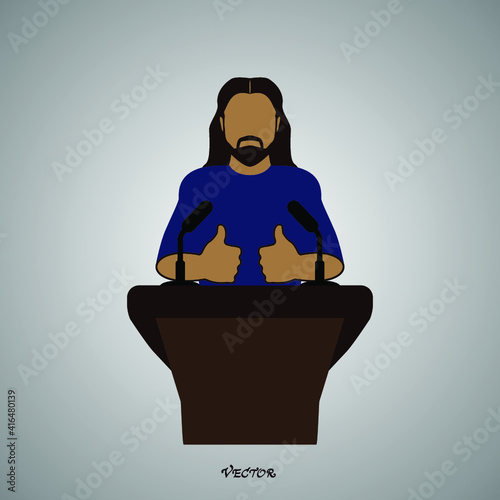 speaker icon. orator speaking from tribune vector illustration. businessman giving a speech at podium with many thumbs up hands. Conference concept.