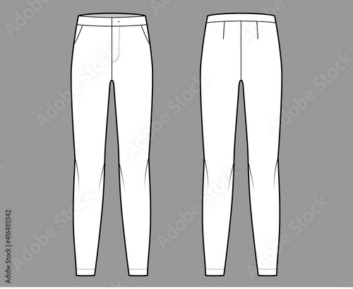 Pants flat front technical fashion illustration with low waist, rise, full length, slant slashed pockets. Flat casual bottom trousers apparel template back, white color. Women men unisex CAD mockup