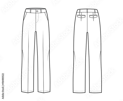 Pants tailored technical fashion illustration with low waist, rise, full length, slant slashed pockets, belt loops. Flat bottom trousers apparel template front, back white color. Men unisex CAD mockup