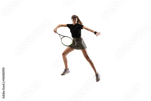 Champion. Young caucasian professional sportswoman playing tennis isolated on white background. Training, practicing in motion, action. Power and energy. Movement, ad, sport, healthy lifestyle concept