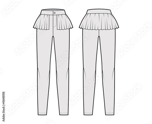 Pants peplum technical fashion illustration with extended normal waist, high rise, full length, frilled skirt. Flat bottom trousers apparel template front, back grey color. Women men unisex CAD mockup