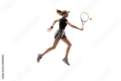 Leader. Young caucasian professional sportswoman playing tennis isolated on white background. Training, practicing in motion, action. Power and energy. Movement, ad, sport, healthy lifestyle concept.