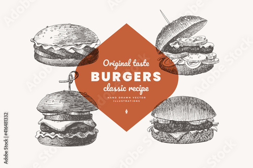 Set of hand-drawn burgers and hamburgers. Bun with cutlet, cheese, and vegetables, street food. Design element for menu, restaurant, internet food delivery. Vector illustration in vintage style.