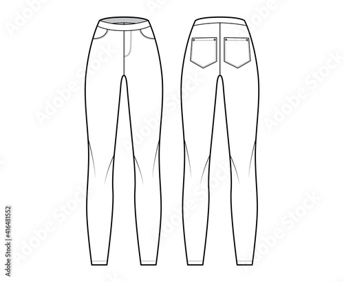 Jeggings technical fashion illustration with normal waist, high rise, full length, angled pockets. Flat Pants bottom trousers apparel template front, back, white color. Women men unisex CAD mockup