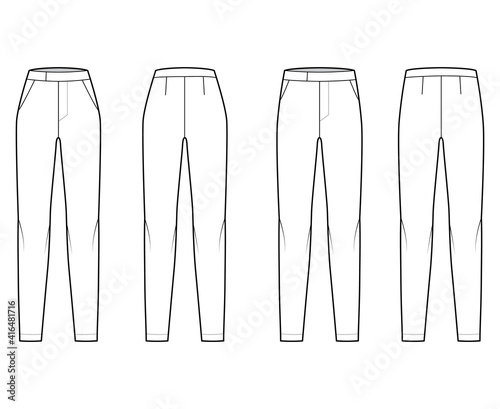 Set of cigarette Pants technical fashion illustration with extended normal low waist, high rise, full length, slant slashed pockets. Flat trousers template front back white color. Women men CAD mockup