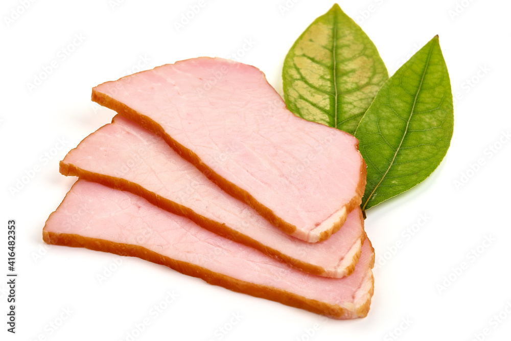 Smoked pork slices, isolated on white background. High resolution image