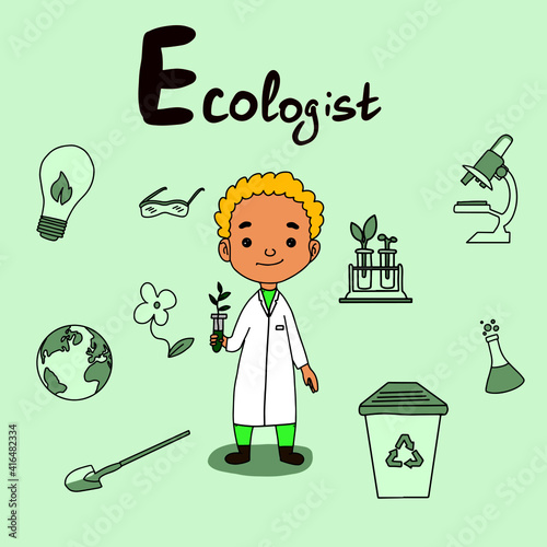 Cute vector alphabet Profession. Letter E - Ecologist