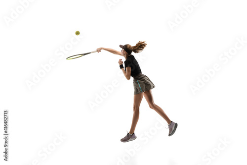 Walk over. Young caucasian professional sportswoman playing tennis isolated on white background. Training, practicing in motion, action. Power and energy. Movement, ad, sport, healthy lifestyle