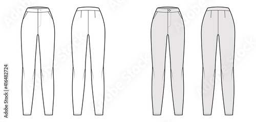 Pants flat front technical fashion illustration with normal waist, high rise, full length, slashed pockets. Flat bottom trousers apparel template back, white grey color. Women men unisex CAD mockup