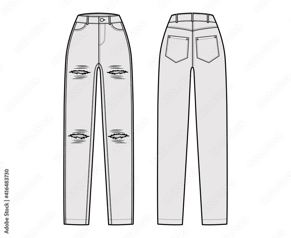 Ripped jeans distressed denim pants technical fashion illustration with  full length, normal waist, high rise, 5 pockets. | CanStock