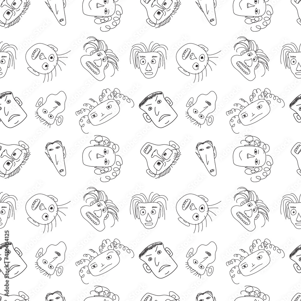 Seamless pattern with crazy people faces made in line art vector style