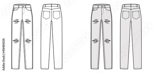 Ripped Jeans distressed Denim pants technical fashion illustration with full length, low waist, rise, coin, 5 pockets, Rivets. Flat template front, back, white grey color style. Women, men CAD mockup