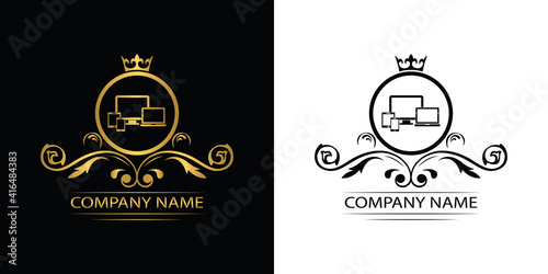 Smart Devices logo template luxury royal vector service company. Phone , tablet, laptop , computer shop decorative emblem with crown	
