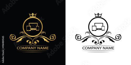 Smart Devices logo template luxury royal vector service company. Phone , tablet, laptop , computer shop decorative emblem with crown	
