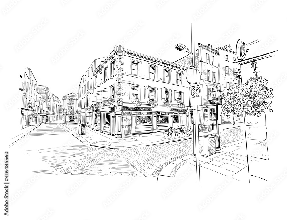 Temple Bar. Dublin, Ireland. Old dublin district. Urban sketch. Hand drawn vector illustration