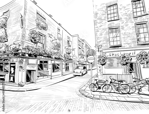 Temple Bar. Dublin, Ireland. Old dublin district. Urban sketch. Hand drawn vector illustration