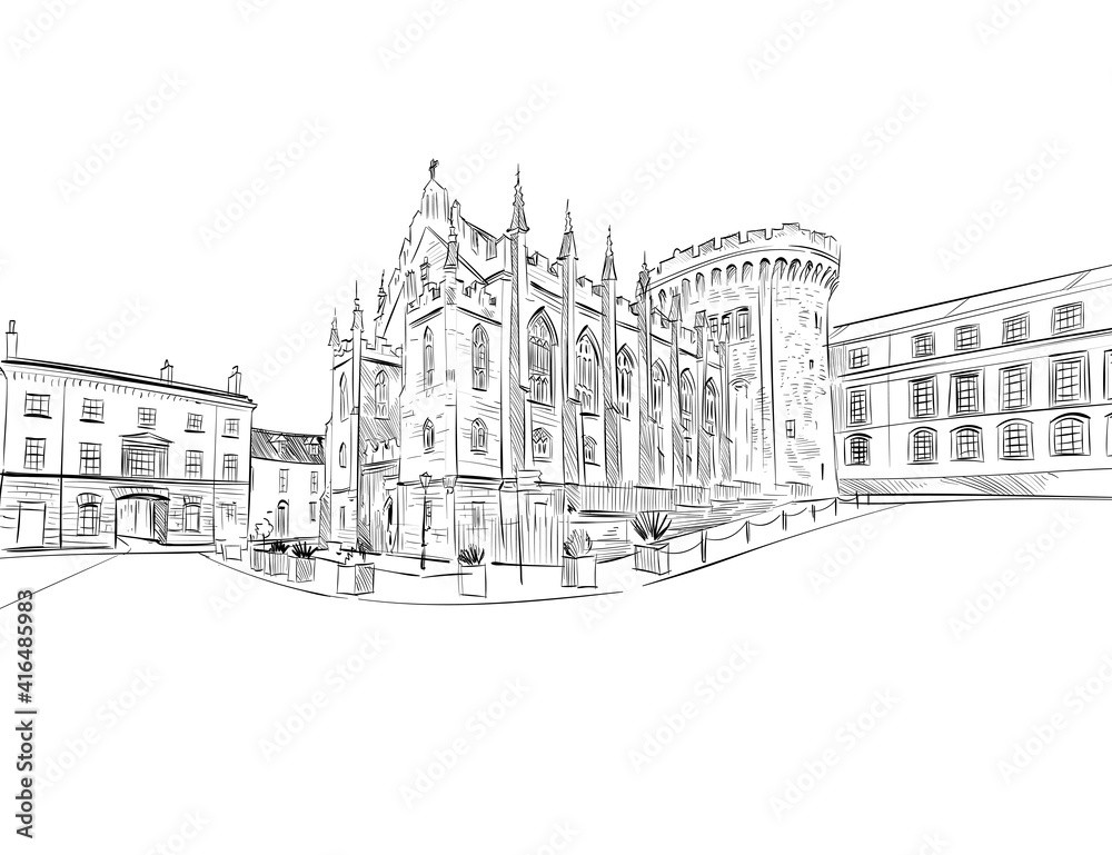 Dublin Castle. Dublin, Ireland. Urban sketch. Hand drawn vector illustration