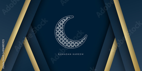 Islamic Holy Month of Ramadan Mubarak Banner with Hanging Colorful Lanterns, Golden Crescent Moon on Blue Textured Background. Luxury ramadan background with blueish arabesque pattern arabic islamic