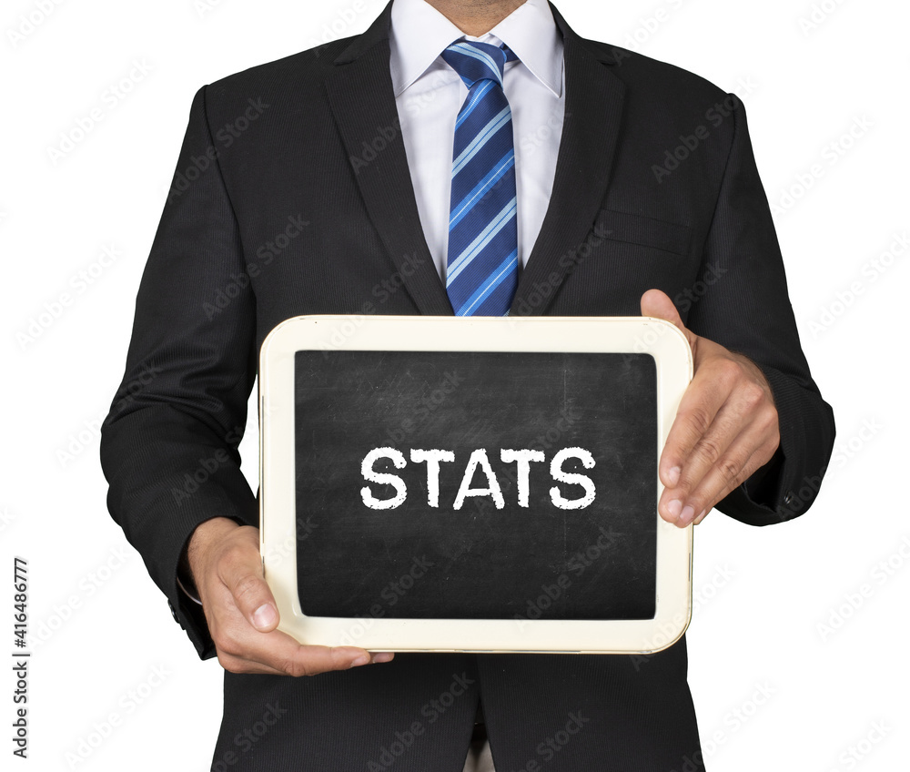 A Businessman holding slate mini blackboard with message Stats. A Businessman holding slate mini blackboard with message Stats.