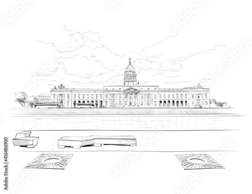 Irish Customs Building architectural landmark. Dublin, Ireland. Urban sketch. Hand drawn vector illustration. 
