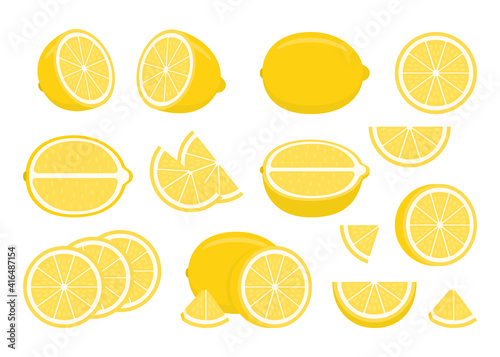 Set of yellow ripe lemons - whole, cut half, piece and slice chopped of lemon. Fresh sour citrus fruit with vitamins. Vector illustration isolated on white background