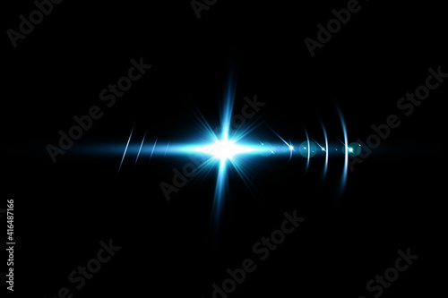 beautiful blue lens flare effect overlay texture with bokeh effect and anamorphic light streak in front of a black background, cinematic format