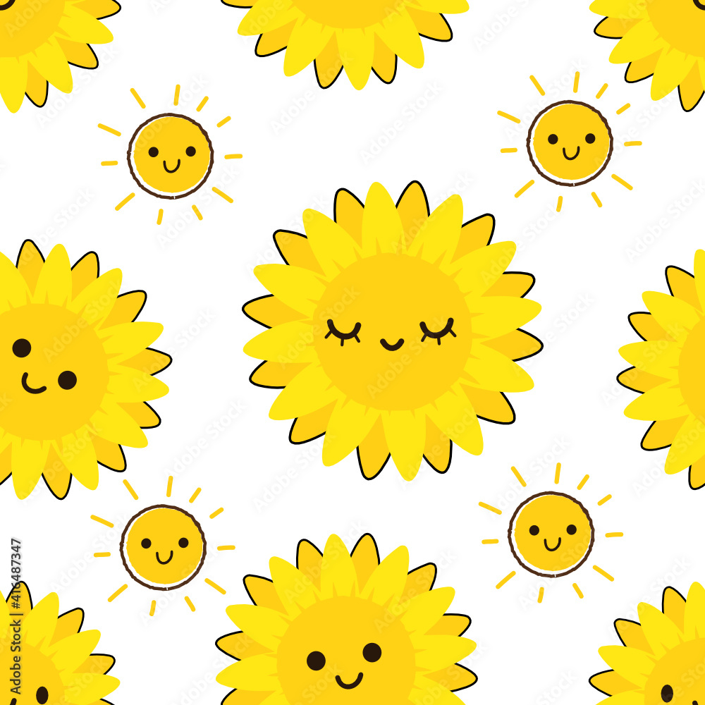 Seamless pattern with sunflower and sun cartoons on white background vector illustration. Cute cartoon wallpaper.