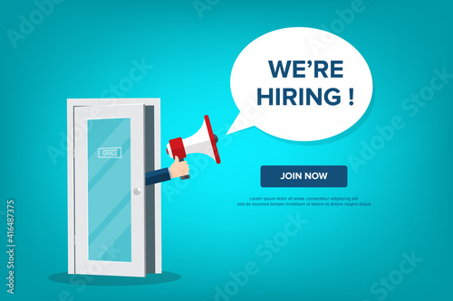 We're hiring design template business banner. Employment recruitment. Businessman holds megaphone in door of office. Open vacancy. Flat style vector illustration