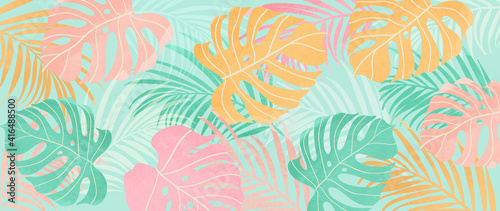 Summer tropical background vector. Palm leaves, monstera leaf, Botanical pattern trendy design for wall framed prints, canvas prints, poster, home decor, cover, flower wall arts, wallpaper.