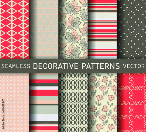 Set of seamless vector decorative multicolor red and brown patterns. Collection geometric abstract backgrounds for design, fabric, textile, home decor, wrapping etc. 
