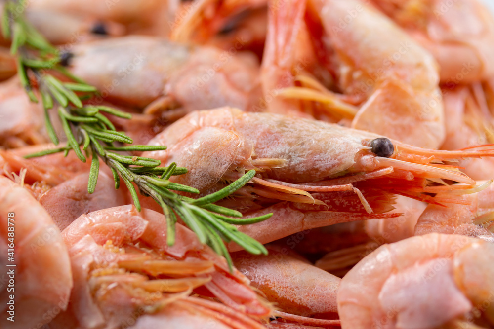 Pink boiled shrimp background backdrop, Mediterranean cuisine