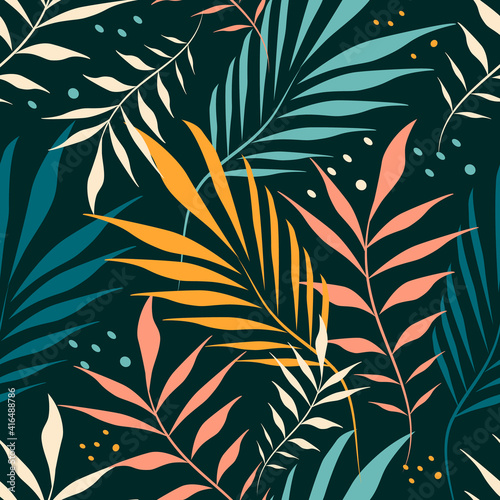 vector seamless pattern with hand drawn tropical ornament, palm leaves on dark green background jungle pattern. trend flat pattern for printing on fabric. clothes, wrapping paper