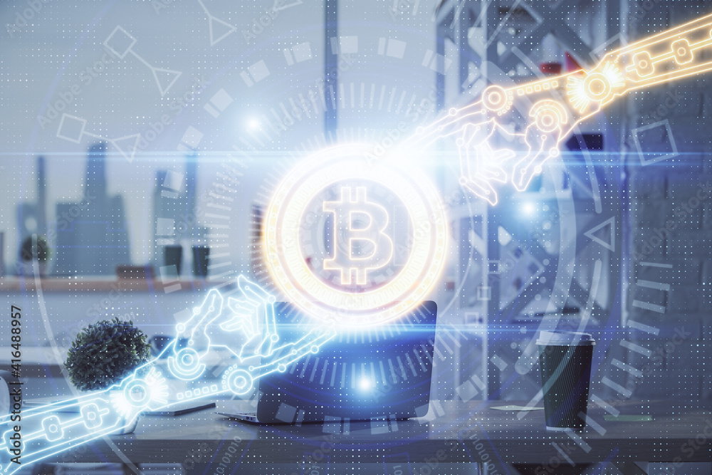 Double exposure of crypto technology theme drawing and office interior background. Concept of blockchain. Double exposure of crypto technology theme drawing and office interior background. Concept of blockchain.