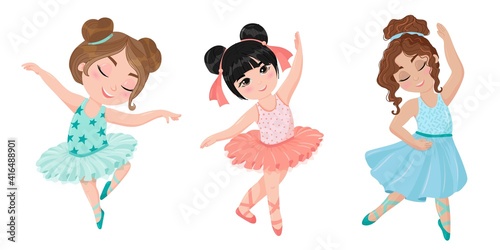 Set of little girls ballerinas. Child in a tutu skirt and pointe shoes. Ballet. Dancing school. Vector illustration in cartoon style isolated on white background.