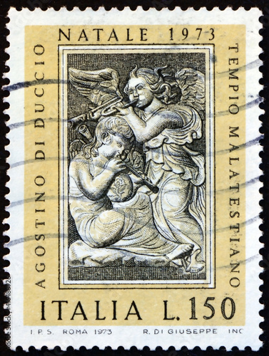 Postage stamp Italy 1973 angels with flute and trumpet