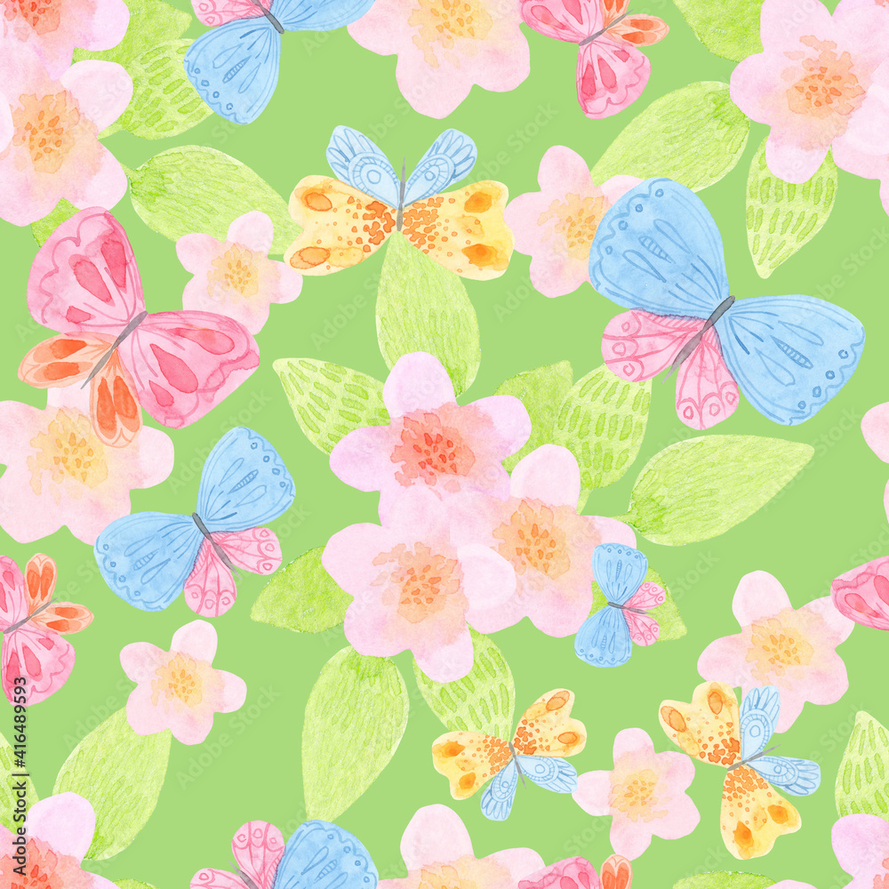 Cute childrens cartoon illustration. Watercolor seamless pattern of butterflies, flowers. On a green background