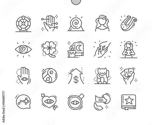 Fortune. Book of predictions. Fortune teller. Chinese money cat. Good luck, risk, gamble, divination and entertainment. Fortune Wheel. Pixel Perfect Vector Thin Line Icons. Simple Minimal Pictogram