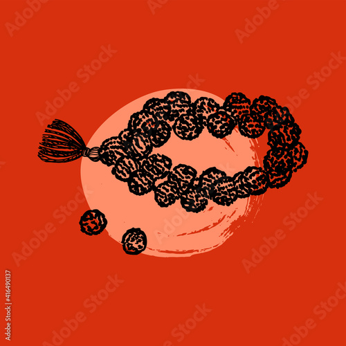 Rudraksha rosary on orange background. Short beads, bracelet for prayer, mantra, japa. Rolled up rosary. Hand-drawn. Doodle, sketch. Vector illustration for design, posters, wallpapers.
