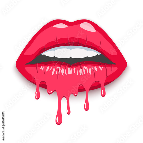 Red dripping female lips. Lipstick drips. Lips in splash of paint.