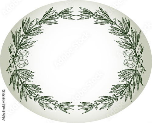 Vector image of oval floral frame from sketches laurel branches with ribbons