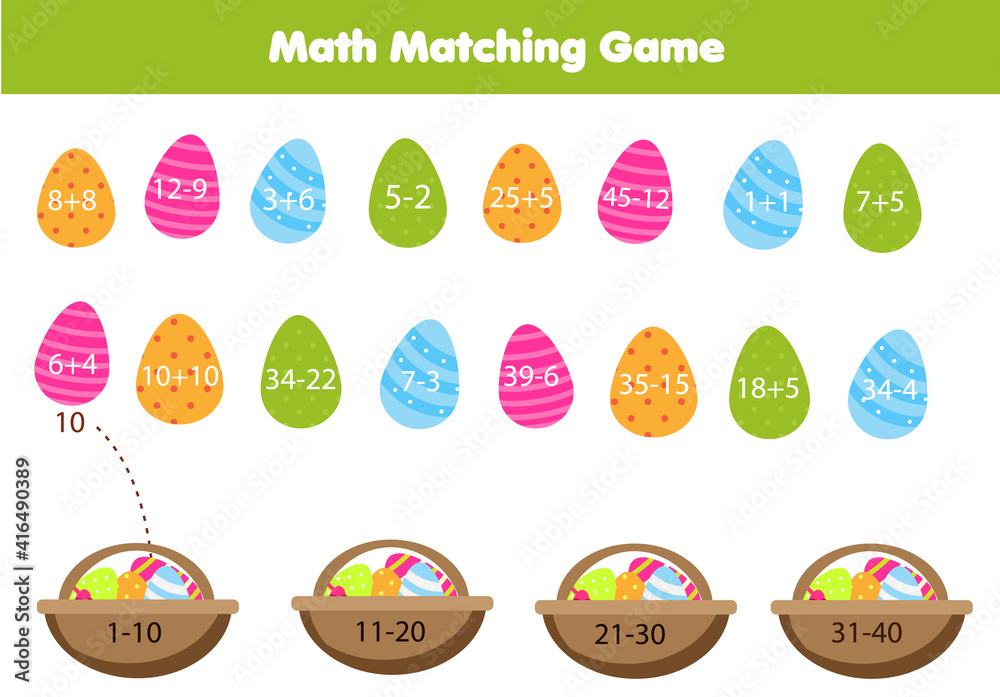 Mathematics children educational game. Easter theme Matching activity. Study addition and subtraction for kids and toddlers