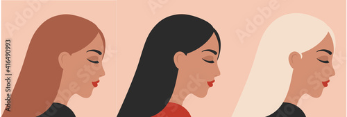 Vector banner with Three Woman portraits in minimal style. Female faces of different ethnicity and hair color