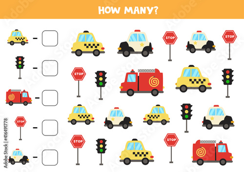 Math game. Count all vehicles. Transportation themed games.