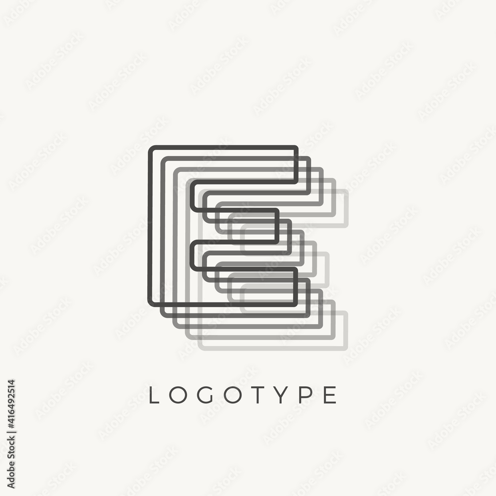 Letter E of outline stripes, blend effect letter for monogram and logo template, contour line type Letter E of outline stripes, blend effect letter for monogram and logo template, contour line type