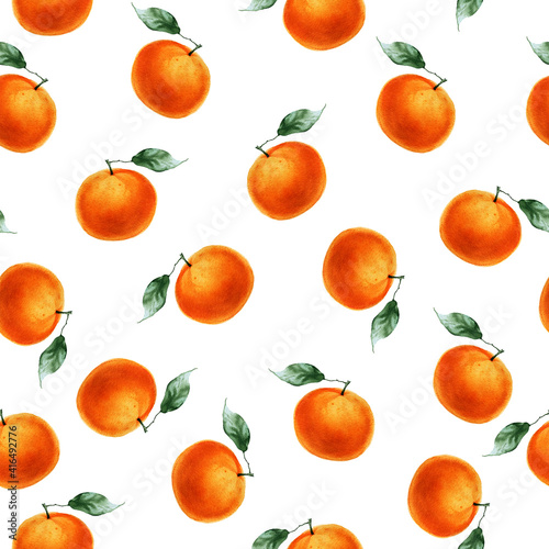 Oranges fruit Seamless pattern. Watercolor painting. Summer design.