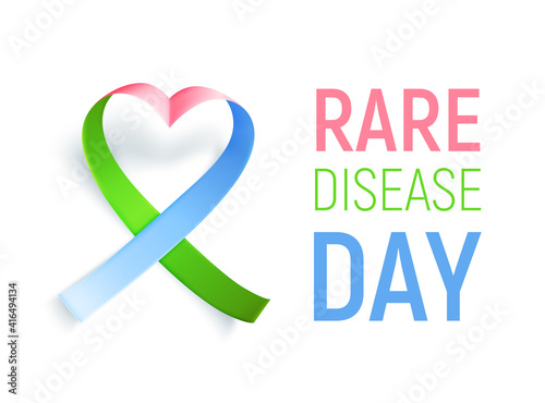 Symbol of rare disease, realistic ribbon heart shaped. Poster template for awareness day on 28 february, vector illustration.