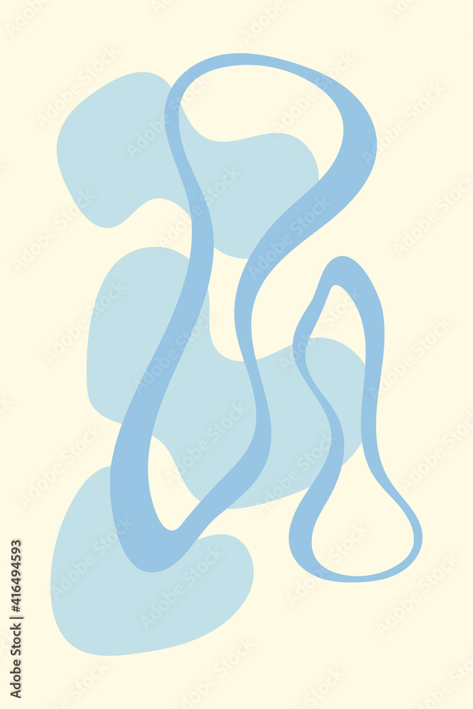 Background with blue spots and lines, trendy vector design with oval flowing shapes. Abstract poster with shapeless spots, wall banner for decoration and interior design. Simple minimalist wall poster