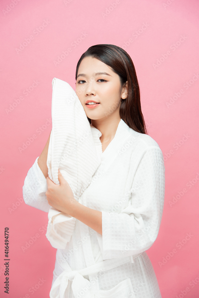 attractive asian woman using towel standing front of mirror attractive asian woman using towel standing front of mirror