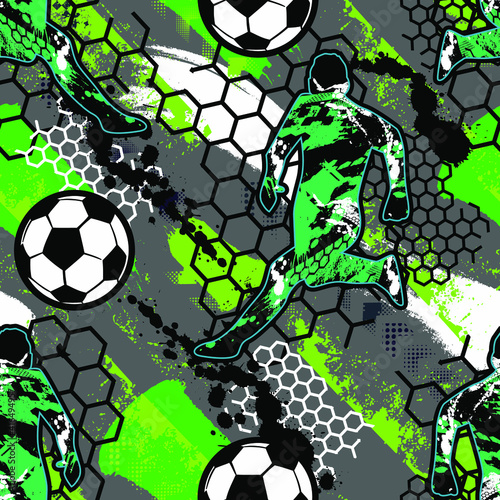 Abstract seamless pattern for boys. Football pattern. Grunge urban pattern with football ball. Sport wallpaper on black background with black and green. Repeated sport pattern.